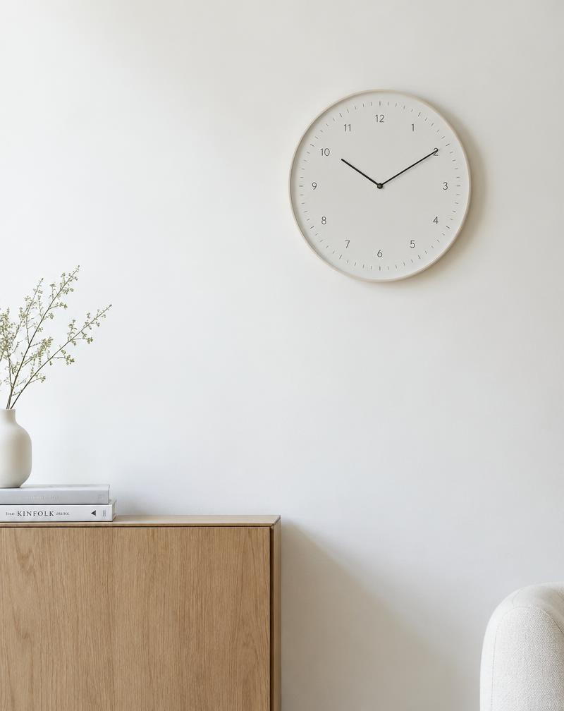 Minimal round wall clock hanging above a light oak cabinet